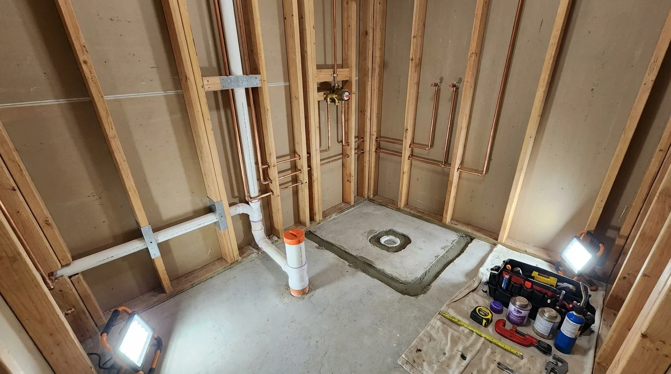 Bathroom rough-in plumbing during remodel by Johns Plumbing LLC in Port Townsend