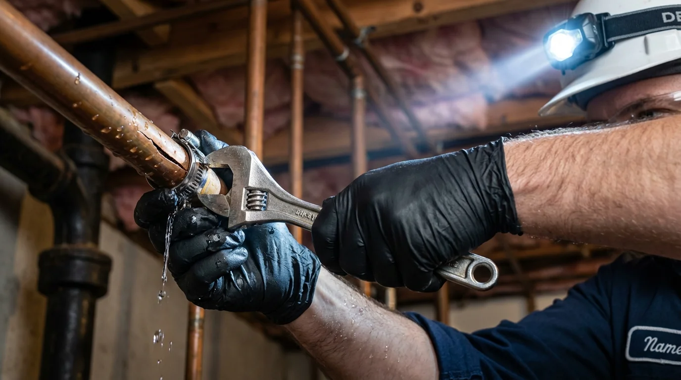 Emergency pipe clamp repair being performed by a Johns Plumbing LLC plumber in Port Townsend