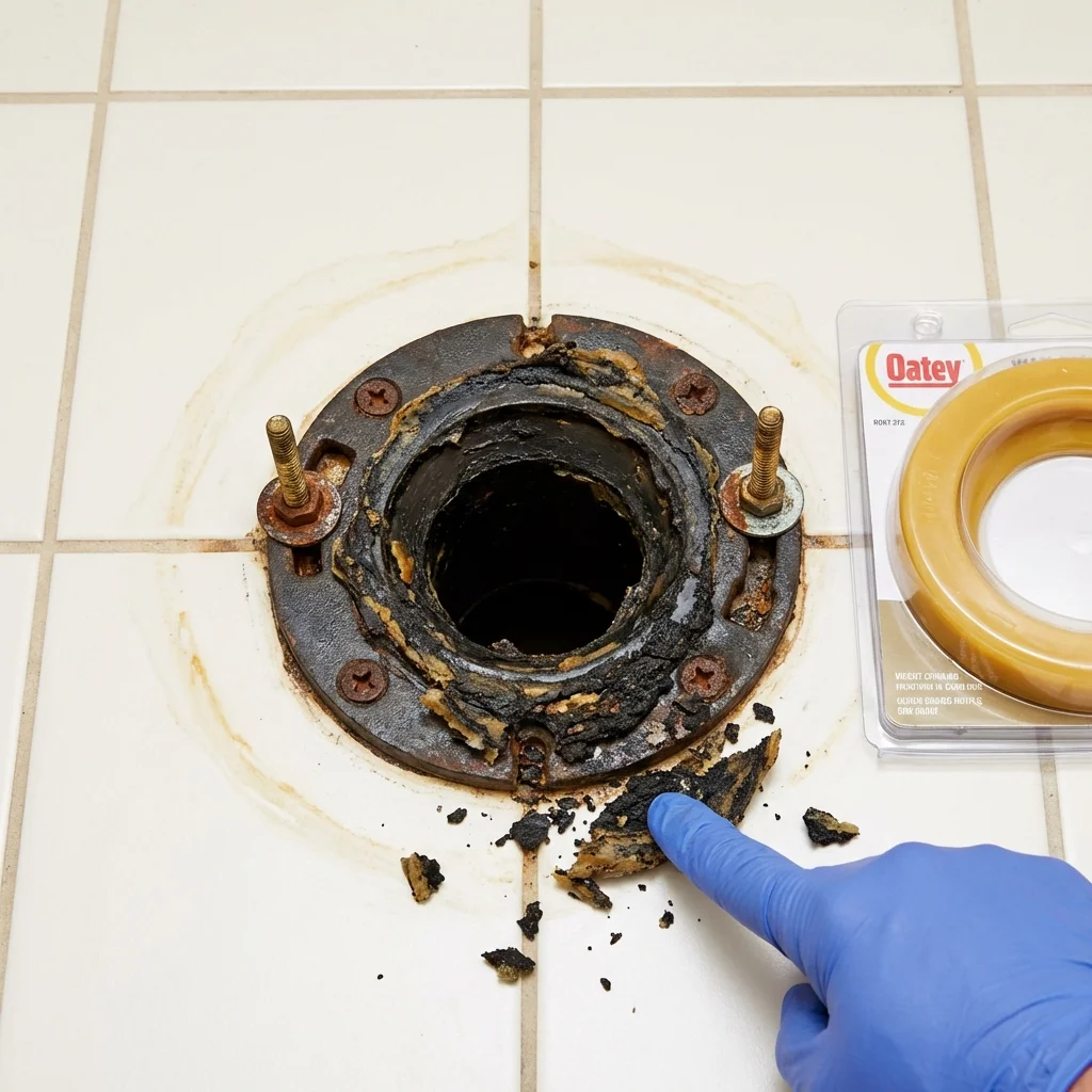 Failed wax ring showing water seepage at the base of a toilet in a Port Townsend, WA home