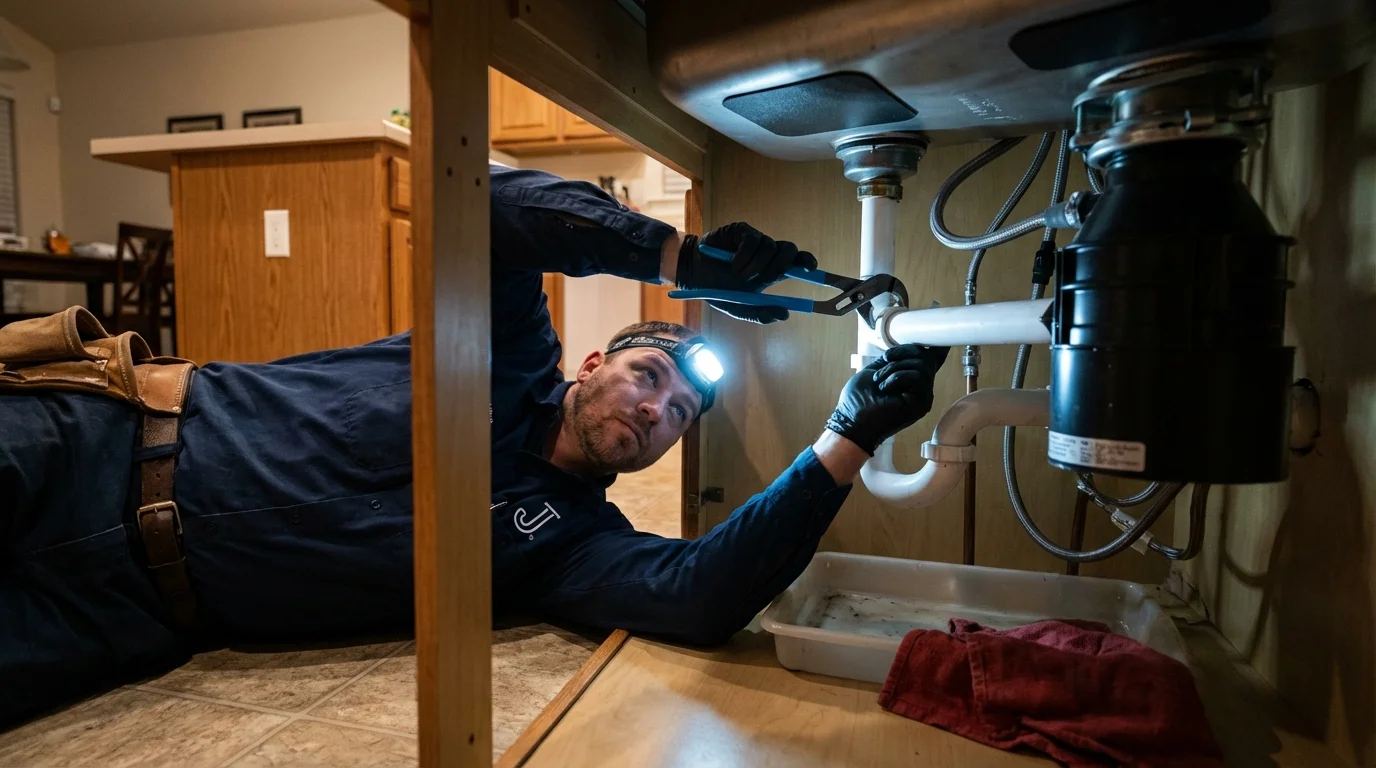 P-trap and supply line connections under a kitchen sink showing a common leak point in Port Townsend, WA